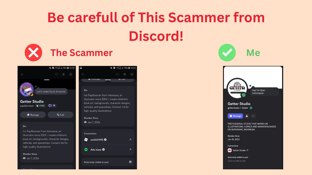 GetterStudio's tweet photo. Scammer Alert! 
I got news from my team that someone is using our Fiver account username as their Discord account and pretending to be us. 

Here I attach the scammer's Discord account on the left and my real account on the right.  #scammer #commissionscam #discordscam #discord https://t.co/2tEMqxNTqL