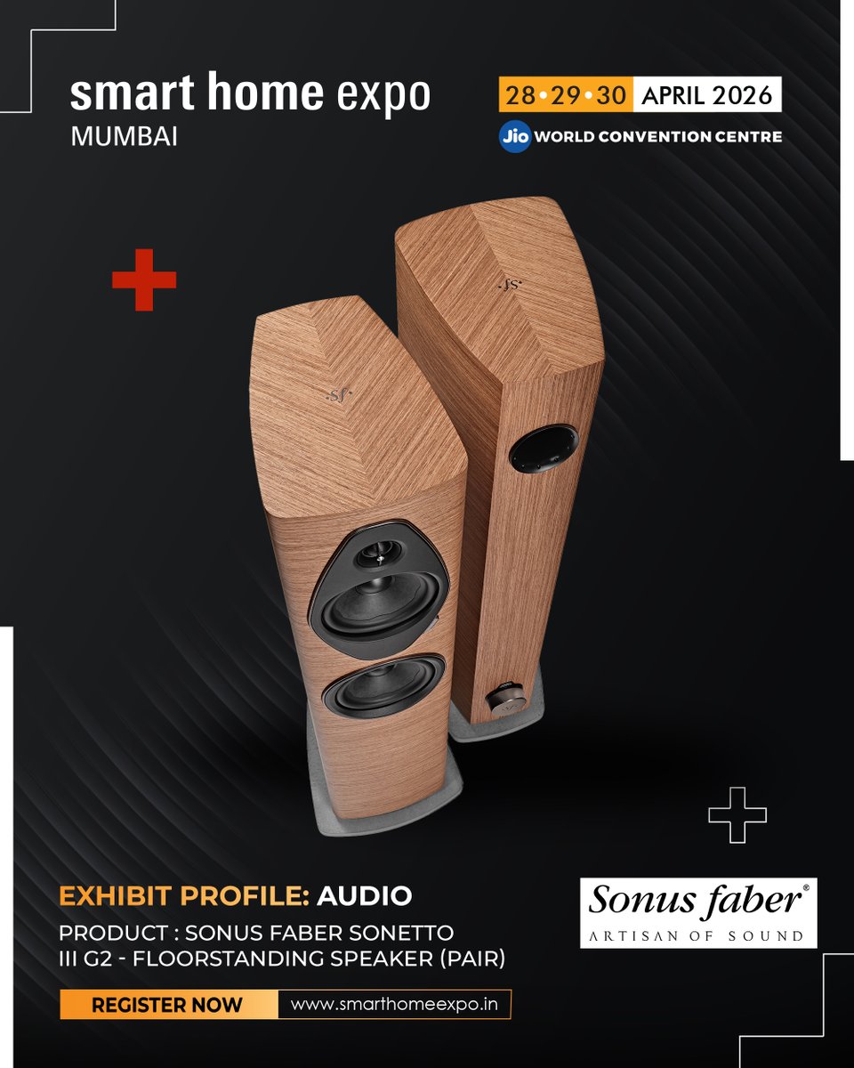 expo_smart's tweet image. Experience refined floorstanding audio at Smart Home Expo 2026 with the Sonus faber Sonetto III G2 on display.

April 28 • 29 • 30, 2026
Jio World Convention Centre, Mumbai

Register to Visit: smarthomeexpo.short.gy/QBcJEc

#SmartHomeExpo #SonusFaber #HomeAudio #FloorstandingSpeakers