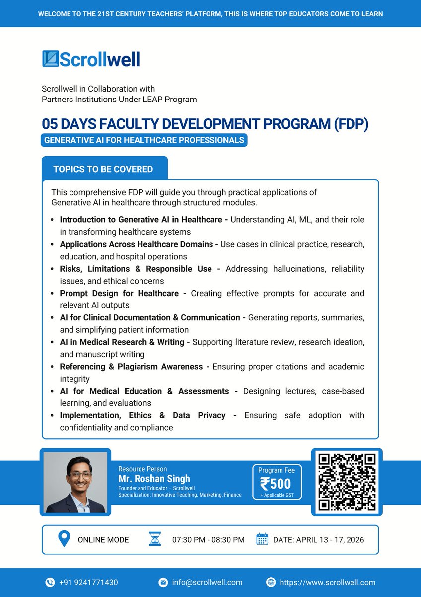 scrollwell's tweet photo. 🚀 5-Day National FDP on Generative AI for HealthcareLearn AI in clinical docs, research, education &amp; ethics 🧠⚕️

🎓 E-certificate + recordings

🔗 Register: https://t.co/ashz9kIOIV

#GenerativeAI #AIinHealthcare #FDP https://t.co/3P2zQZAJIq
