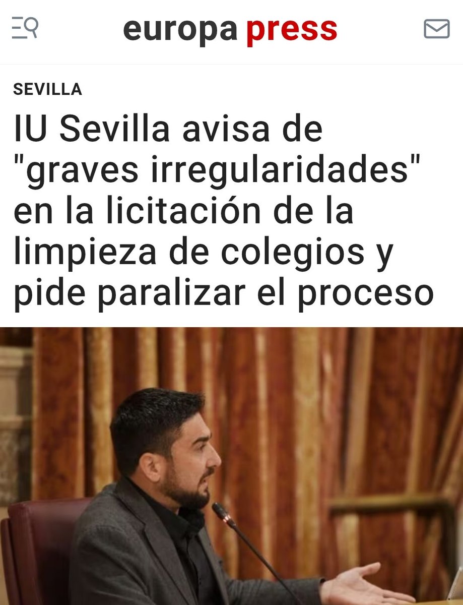 El Tribunal de Recursos Contractuales ha frenado la licitación de la limpieza de los colegios públicos por las irregularidades del proceso.Lo advertimos: prisas, errores, falta de garantías y una gestión desastrosa.Todo es una chapuza del gobierno de Sanz

europapress.es/andalucia/sevi…