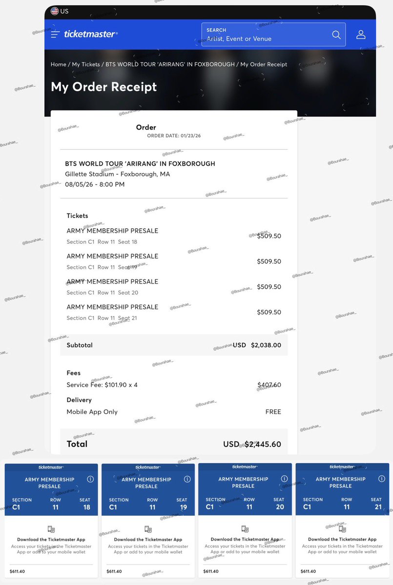 bourahae_'s tweet photo. WTS Foxborough D1, D2 (6 tickets in total)

📍Gillette stadium

🎟️ D1  5/8  WED  (4 tickets)
Section C1  ROW 11  Seats 18-21
💰 $611.40/each (ORIGINAL PRICE)

🎟️ D2  6/8  THURS  (2 tickets)
Section C1  ROW 20  Seats 11-12
💰 $611.40/each (ORIGINAL PRICE)

💵 Payment via PayPal 
Or Face to Face payment at Goyang or Tokyo BTS concerts

Willing to FaceTime or video call to provide proof and transfer 

#875ticketsale
@875tickets
