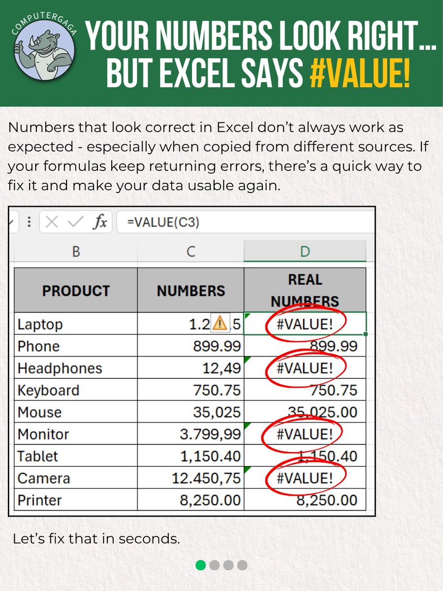 Computergaga1's tweet image. Excel showing #VALUE! error even though the numbers look correct? 😩
Your numbers might actually be stored as text.
See the post to learn the quick fix.

✨ Follow for more Excel tips &amp;amp; tricks. Link in bio!

#exceltips #excel #productivityhacks #microsoftexcel #spreadsheets