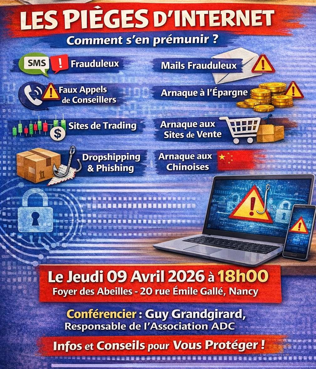 ADCFrance's tweet photo. Conférence sur les pièges d'Internet, ce jeudi à 18h à NANCY 🤓
Gratuite et ouverte à tous ! https://t.co/C2510YFjBE