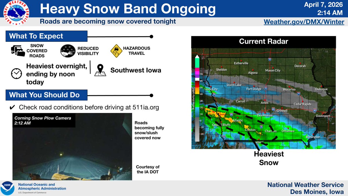 NWSDesMoines's tweet image. ❄️A snow band has formed in southwest Iowa and roads are beginning to become snow covered. This will likely last through the morning commute so use extra caution if traveling! #IAwx