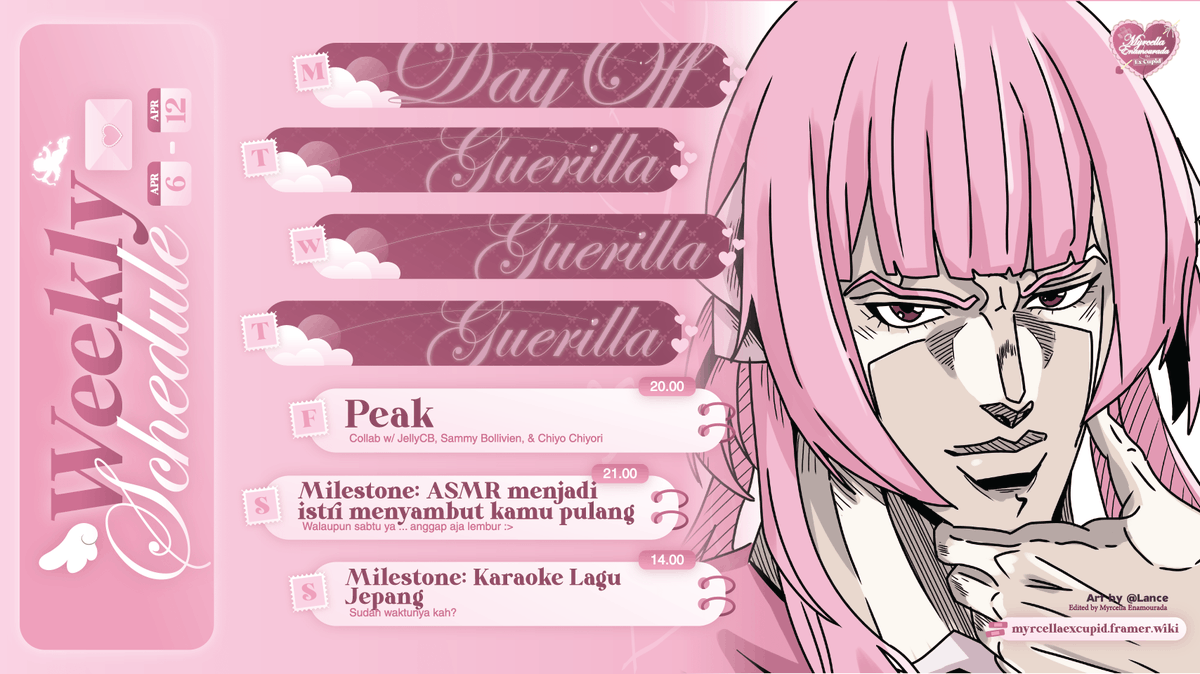 myrcellaXcupid's tweet photo. Here is my hashtags!

General #MyrcellaExCupid
Live #CallMyrCella
Fanart #MyrcellArt
Clips #CupidClips
Meme #MemeCella 

Oshi Mark 🏹💘  
Famname #Milafs 

Ceritain curhatan kalian ke: 
https://t.co/XgIkfLDAOg 

Weekly Schedule! https://t.co/9VaekgE6Ki