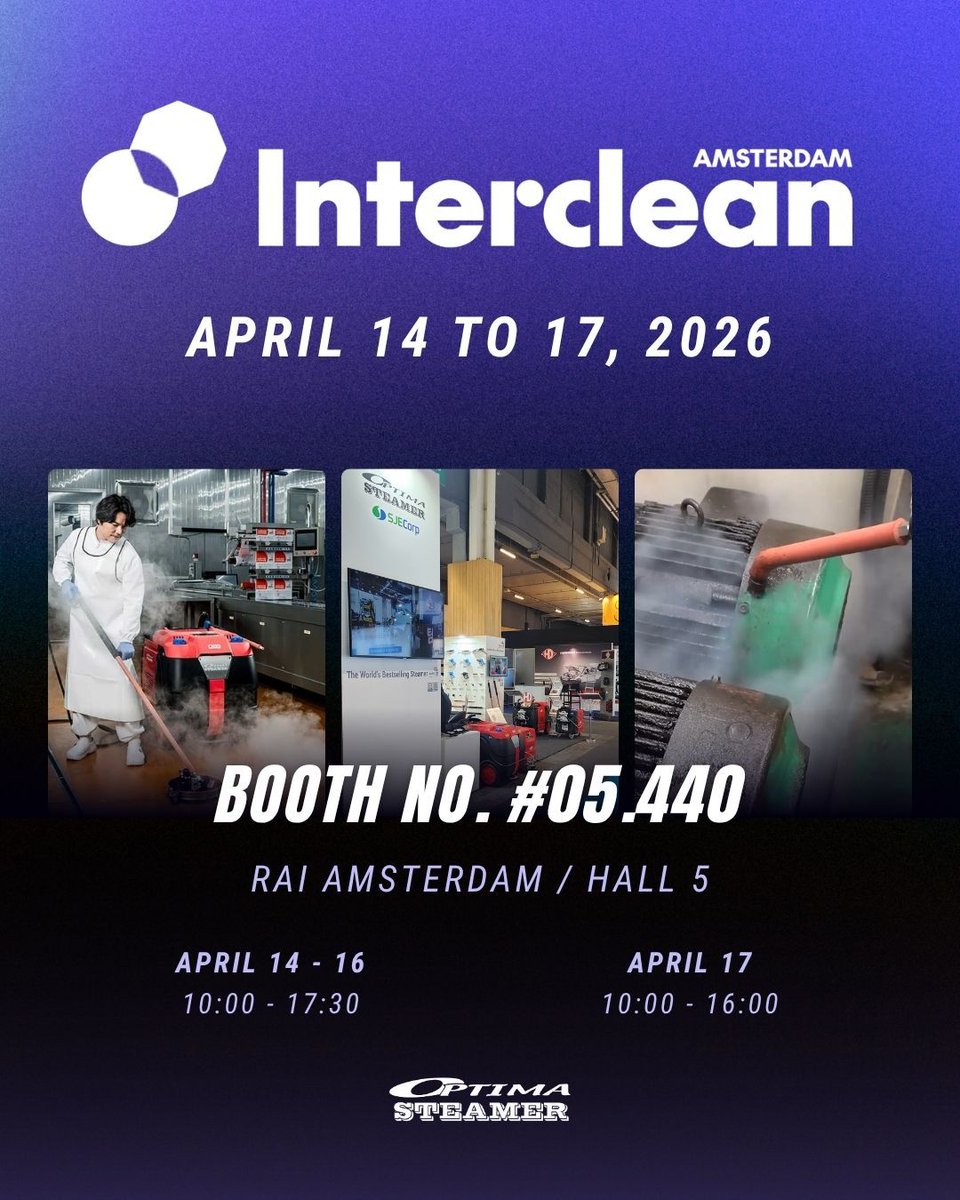 SJECorp's tweet photo. One week left!
Meet OPTIMA STEAMER at Interclean Amsterdam 2026

📅 April 14–17, 2026
📍 RAI Amsterdam
📌 Hall 5 | Booth #05.440

#Interclean #intercleanamsterdam2026 #optimasteamer #steamcleaning #industrialsteamcleaning #commercialsteamcleaner #machinecleaning https://t.co/ujoUBjWZcV