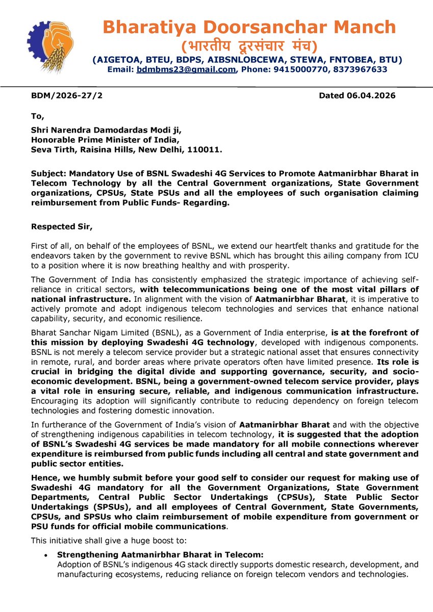 AIGETOA , Recognised Association of BSNL tweet media