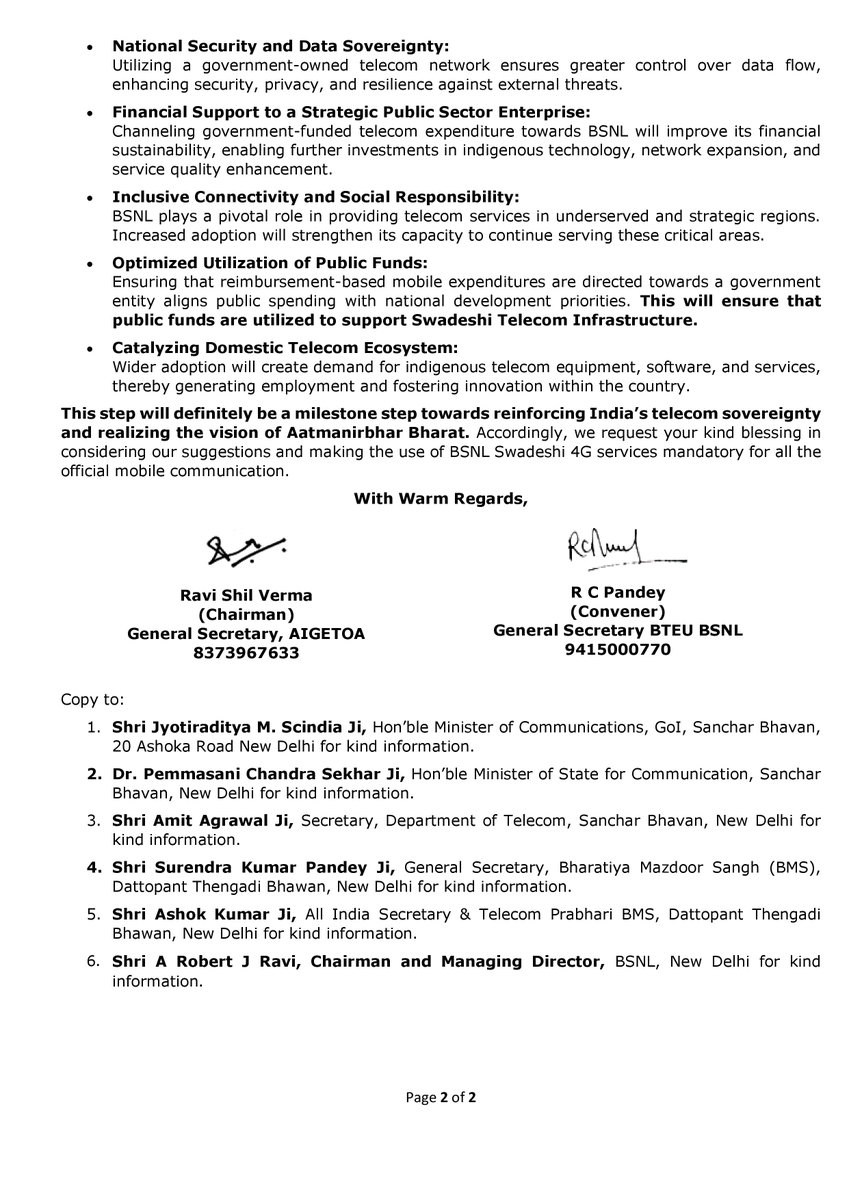 Bharatiya Doorsanchar Manch (BDM) writes to Hon’ble Prime Minister of India Shri Narendra Modi Ji for mandatory use of BSNL Swadeshi 4G Services to Promote Aatmanirbhar Bharat in Telecom Technology :

Bharatiya Doorsanchar Manch (BDM) writes to Hon’ble Prime Minister of India
