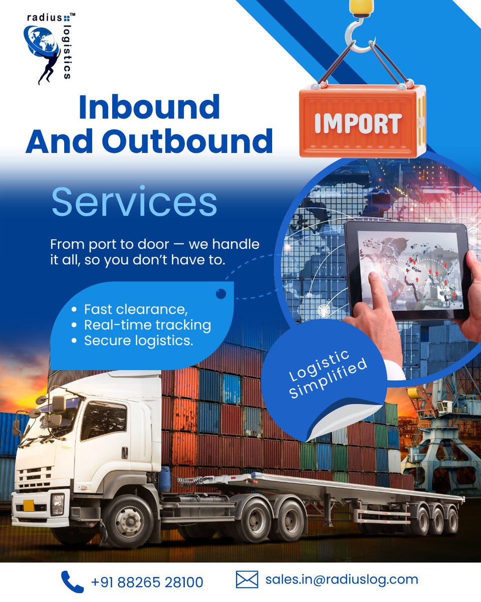 RadiusLogistics's tweet photo. Inbound or outbound, we move it all smoothly and securely

Fast clearance | Real-time tracking | Reliable delivery
Logistics Simplified with Radius Logistics.

📞 +91 88265 28100
📧 sales.in@radiuslog.com
🌐 https://t.co/2rEfvUHVwi

#RadiusLogistics #ImportExport #SupplyChain https://t.co/dlicjPbWtQ