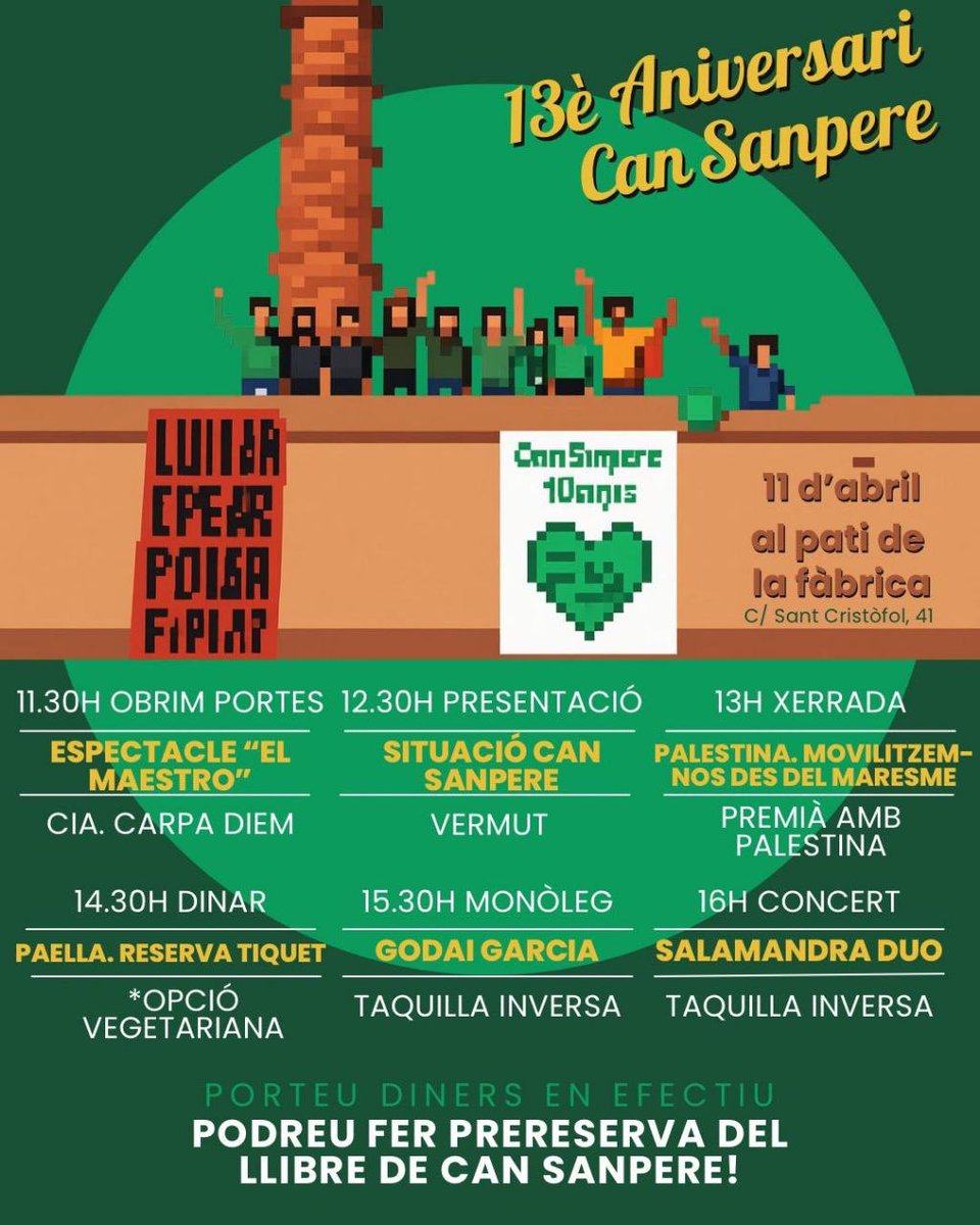 KoldoSoler's tweet photo. Aquest dissabte celebrem el 13è aniversari de l’ocupació de l’antiga fàbrica de Can Sanpere, que va fer possible que avui sigui un espai públic ple de possibilitats; també és un homenatge a totes les persones que durant més de 20 anys van lluitar per aconseguir-ho.
Vine! https://t.co/6h5QTp49qG
