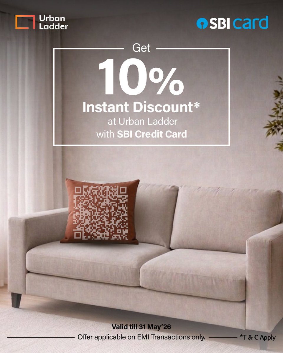 SBICard_Connect's tweet image. Get 10% Instant Discount* at Urban Ladder with SBI Credit Card

Valid till 31 May’26

Offer applicable on EMI Transactions only.

Min. Transaction: ₹15,000

Know more: sbicards.net/offers-apr26-X

*T&amp;amp;C Apply

#SBICard #Discount #Offers #Deals