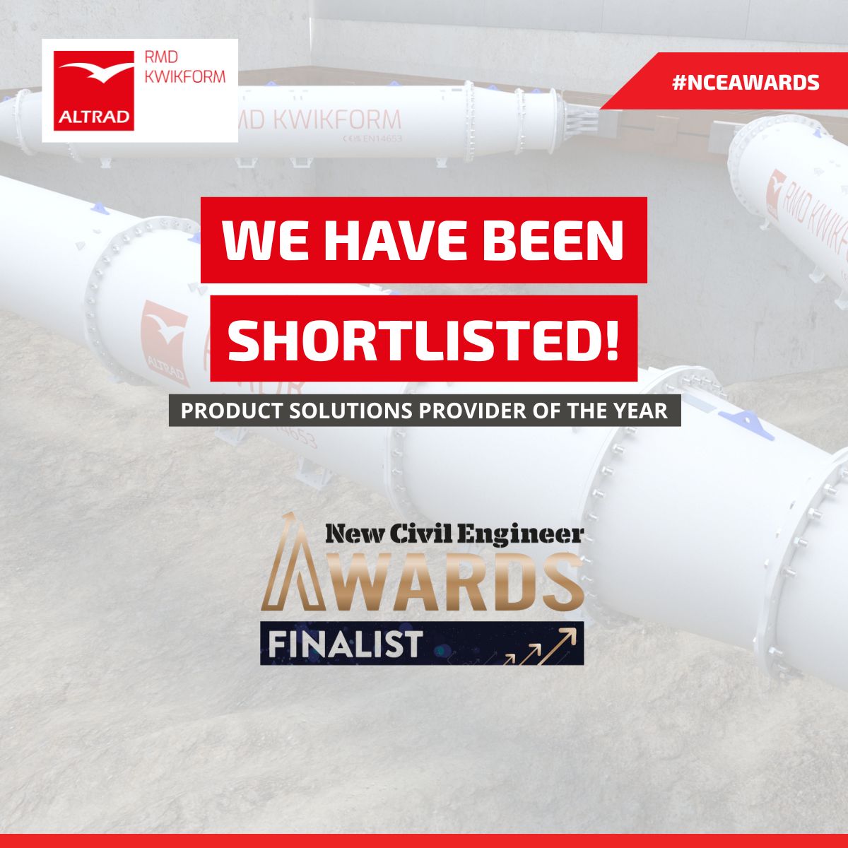 RMDKwikform's tweet image. Shortlisted for Product Solutions Provider of the Year 🎉

Altrad RMD Kwikform has been recognised at the New Civil Engineering Awards 2026 for Tubeshor 1370, designed for high-load, large-scale temporary works.
Results announced 2 July, London.

#TemporaryWorks