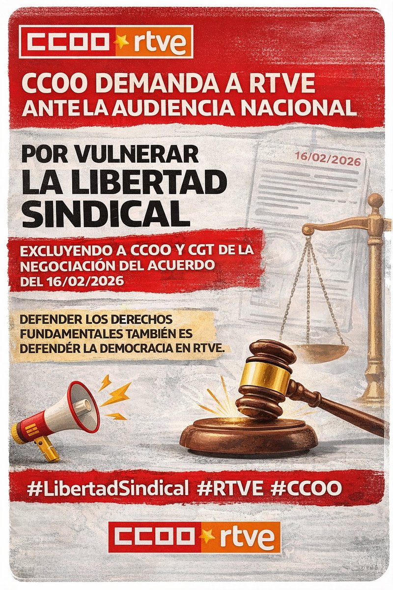 ccoortve's tweet photo. CCOO demanda a RTVE ante la Audiencia Nacional por vulnerar la libertad sindical tras excluirnos, junto a CGT, de la negociación del acuerdo del 16/02/2026. Defender los derechos fundamentales también es defender la democracia en RTVE. #LibertadSindical #RTVE #CCOO https://t.co/OWYVkyUeBG