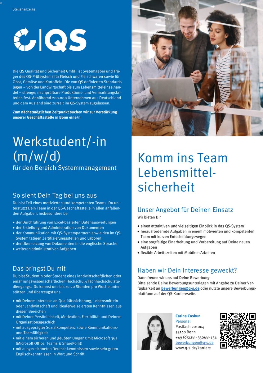 QS_System's tweet photo. Komm ins Team #Lebensmittelsicherheit und bewirb Dich jetzt als #Werkstudent (m/w/d) für den Bereich #Systemmanagement bei @QS_System. Alle Details zu unserem Stellenangebot findet Ihr unter: https://t.co/21q9yy2zFq #StudentenJobs #Stellenangebote #Qualitätssicherung #Lebensmittel