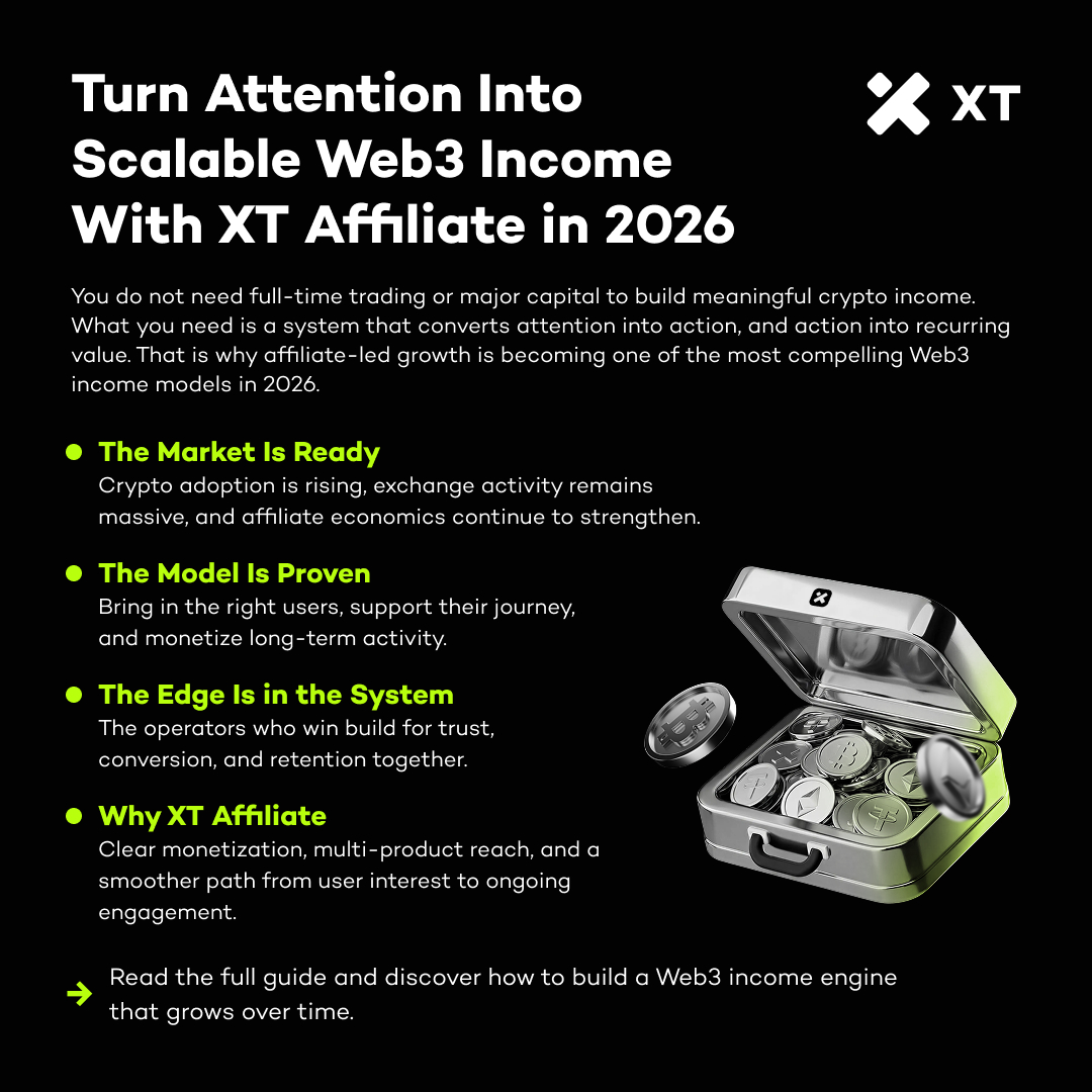 XTexchange's tweet photo. Clicks don’t scale. Systems do.

Want to build a real Web3 income stream in 2026? 👇

⚡ What matters:
▪️ Recurring commissions > one-time CPA
▪️ Retention > sign-ups
▪️ Traffic + conversion + engagement = scale
▪️ Trust-driven content beats hype
This isn’t about quick wins — it’s about building a machine.

Start here 👇
https://t.co/7uH1S7m4ZR
👉 Join XT Affiliate:
https://t.co/eq1dL4FLtw

#XTaffiliate #Web3 #Crypto #PassiveIncome