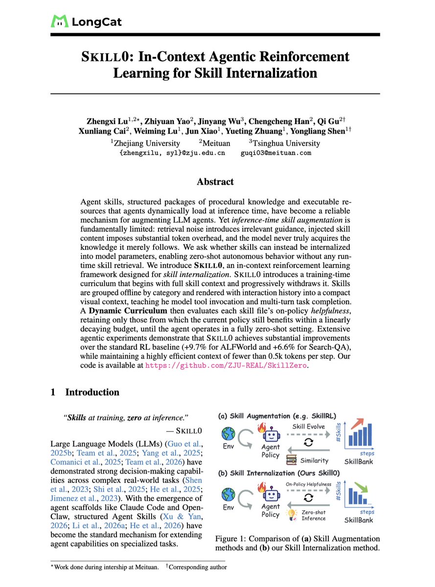 “SKILL0: In-Context Agentic Reinforcement Learning for Skill Internalization”

Most agent systems use skills like cheat sheets. It retrieves them at runtime, pastes them into the prompt, and hopes the model follows them.

This paper suggests why not train the model with those