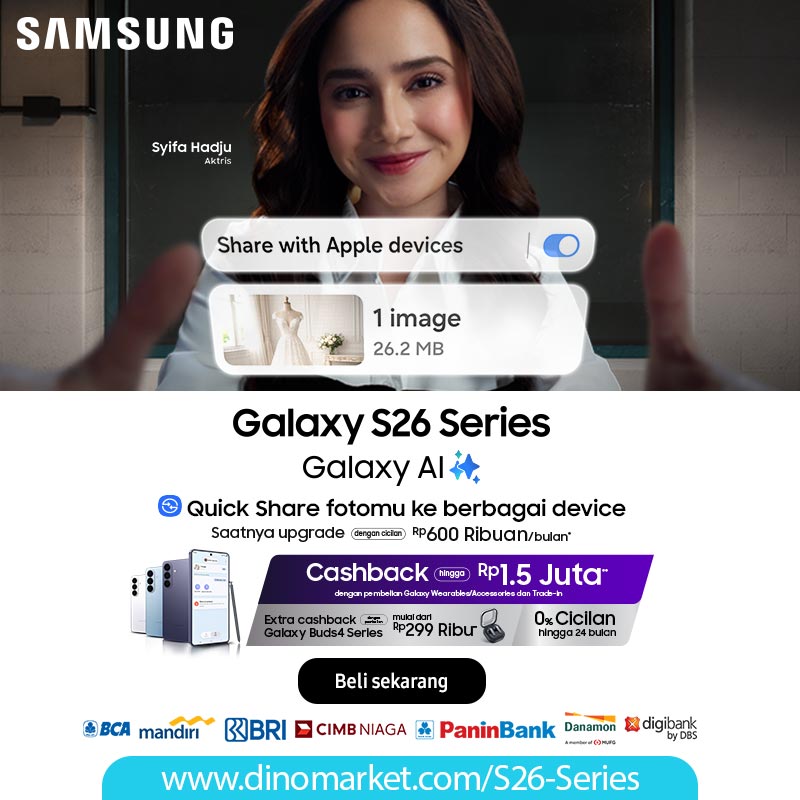 DINOMARKET's tweet photo. 📱 CASHBACK 1,5JUTA! 📱

SAMSUNG Galaxy S26 Series! Rasakan kecanggihan terbaru dari Samsung Galaxy S26 Series dengan Galaxy AI! Transfer foto super cepat ke berbagai device, makin praktis tanpa ribet. 

Klik disini : https://t.co/NMjzp2LjG5 https://t.co/n1WR2r4iN3