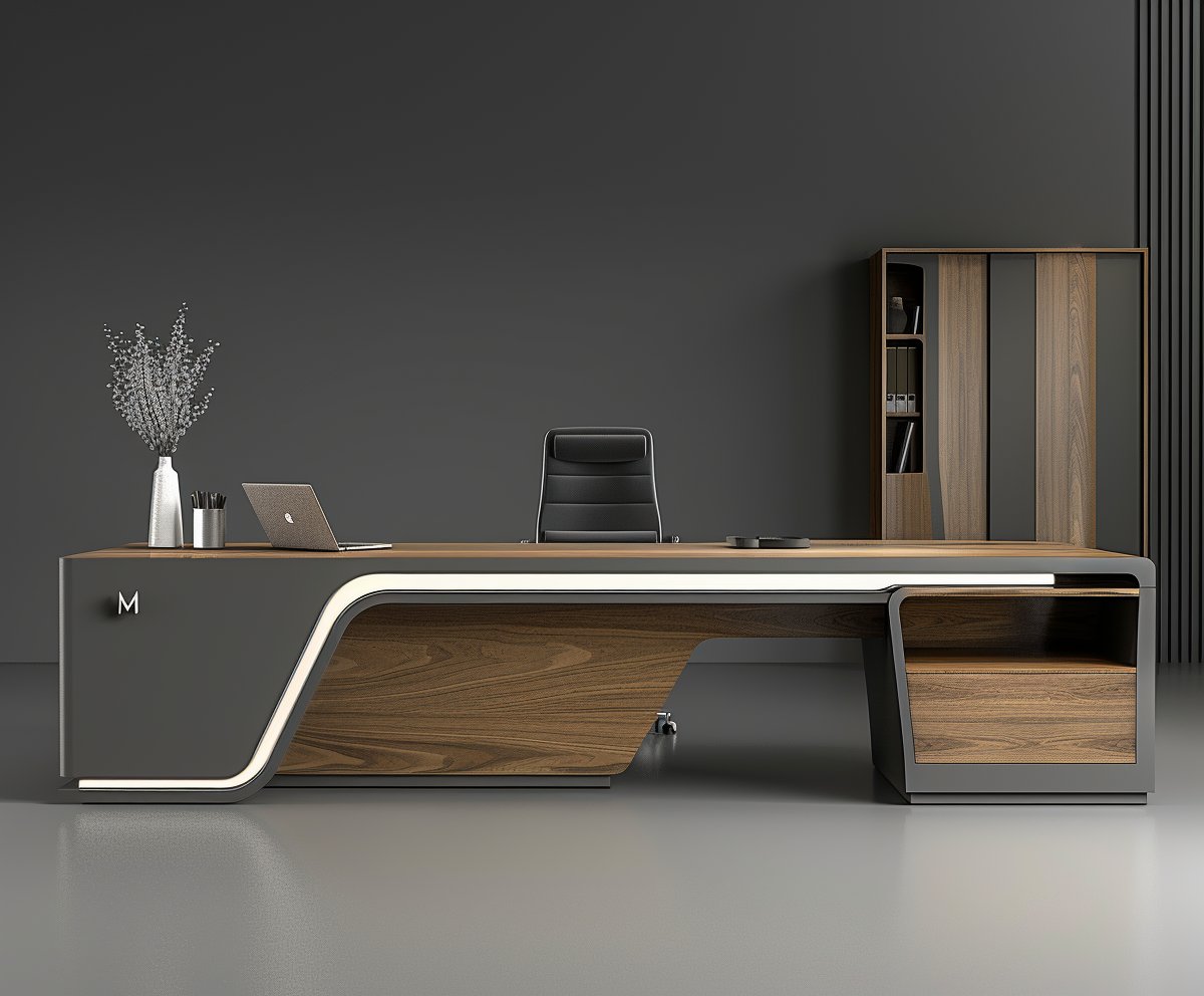 Saintcy123's tweet image. Architectural tension. A vast walnut worktop meets a sculptural cantilevered leg, balanced by massive charcoal storage. A bold statement of modern visionary power and structural clarity. saintcyspace.com: SAINTCYFURNITURE3 
#executiveoffice #ceostyle
