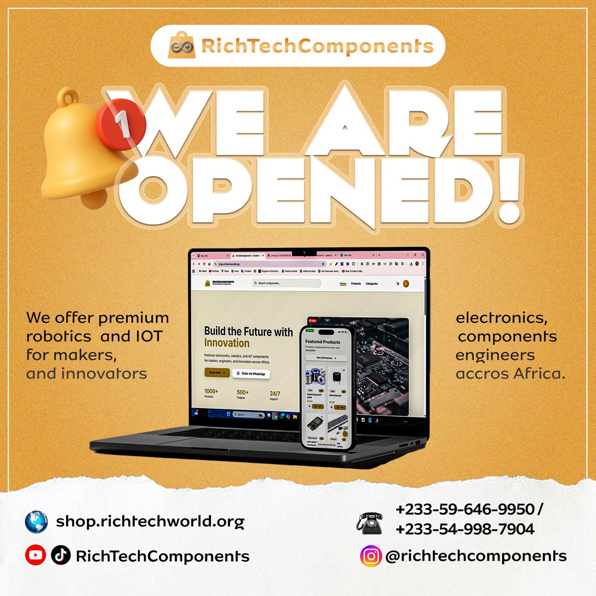 RTC_GH's tweet photo. The wait is over! 🥳
RichTechComponents is officially LIVE today! ⚡
Your ultimate plug for premium electronic components is here, built to power your ideas and bring your projects to life.
🌐Visit our shop @ https://t.co/wddTSEjsIp

📲Find us on all socials 
@richtechcomponents https://t.co/mpN1UflWyz