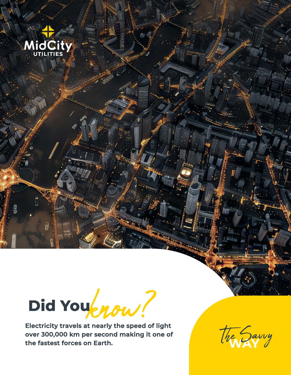 UtilitiesMC's tweet photo. Did you know that Electricity travels at nearly the speed of light—over 300,000 km per second—making it one of the fastest forces on Earth.

CONTACT US:
Tel: +27 (12) 426 3400
Email: info@midcityutilities.co.za

#MidCityUtilities #YourPropertyPartnerForLife #ElectricityManagement https://t.co/BEEx6c1RfE