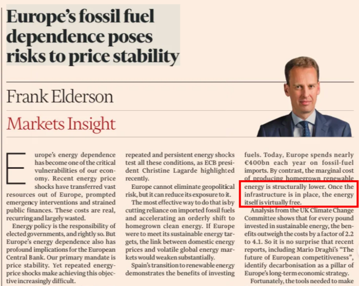 durezzadelviver's tweet image. "Una volta costruita l'infrastruttura, l'energia è praticamente gratuita". Ma se il ricavo è zero e bisogna ripagare l'investimento, perché mai un produttore dovrebbe imbarcarsi nel fare tutto ciò?
Siamo ancora nel mondo della favola "l'energia rinnovabile è gratis". #FT #BCE