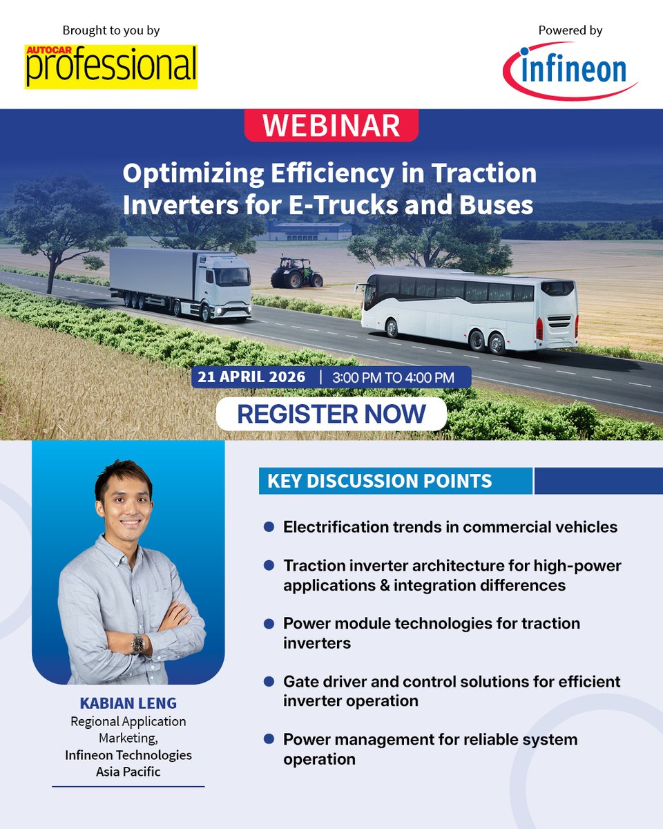 autocarpro's tweet image. Webinar | Enabling high-efficiency traction inverters for e-trucks &amp;amp; buses  

🎙 Kabian Leng, Infineon APAC 
🗓️21 Apr 

Register now: us06web.zoom.us/webinar/regist…
#EV #PowerElectronics #Inverters #AutocarProfessional