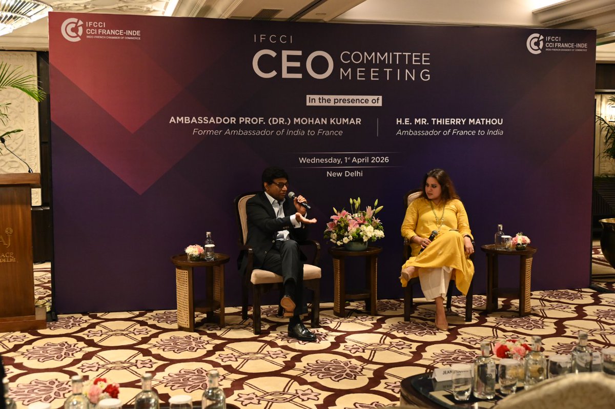 IFCCI1's tweet photo. At the @IFCCI1 CEO Committee Meeting in New Delhi, a compelling fireside chat featuring @swasrao &amp; @AmbMoKumar unpacked geopolitical conflicts, shifting alliances &amp; the rising influence of geopolitics over geo-economics. 

#IFCCI #Geopolitics https://t.co/Eniq63sAt7