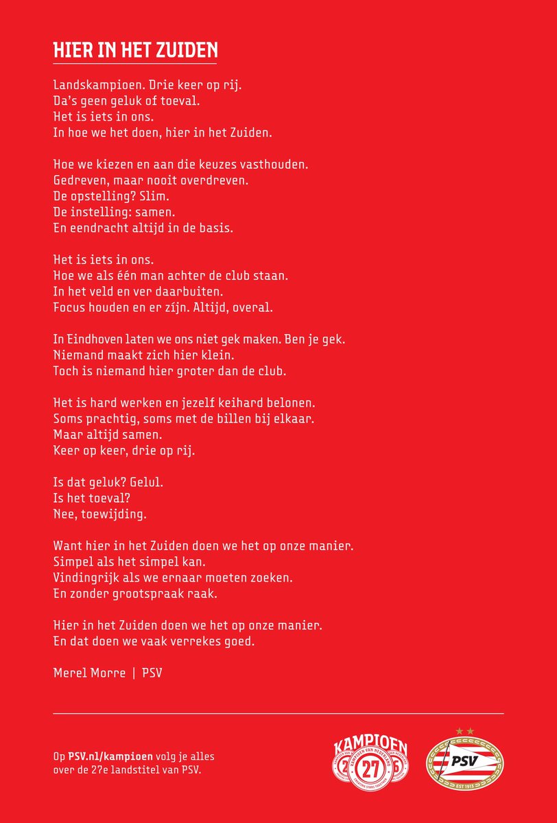 Op vrijdag 6 maart: telefoontje van @psv 
‘Merel, wil jij ons verhaal van dit seizoen vangen in een tekst in jouw eigen stijl? De deadline is volgende week. Lukt dat?!’ 

Schrijven voor PSV? ❤️🤍
Let’s go!

Ik vind mijn werk vaker een eer.
Dit was me er weer eentje, hoor!