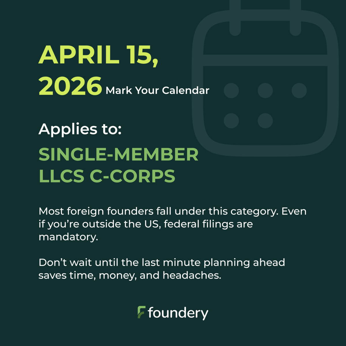 founderyusa's tweet photo. April 15, 2026 is almost here. ⏰
Delaware and Wyoming founders, missing your federal tax deadline means serious fines.
Swipe through to stay compliant before it’s too late ⚠️
#DelawareFounders #WyomingFounders #USBusinessTax #TaxDeadline2026 #FounderyUSA #StayCompliant https://t.co/xCdqXNIYnC