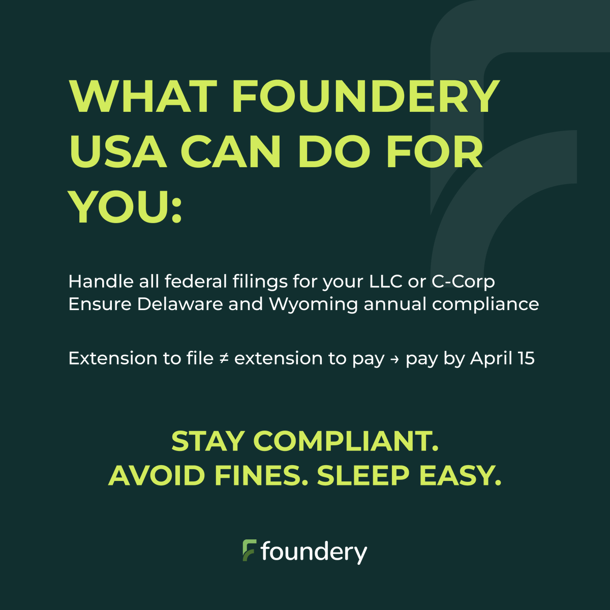founderyusa's tweet photo. April 15, 2026 is almost here. ⏰
Delaware and Wyoming founders, missing your federal tax deadline means serious fines.
Swipe through to stay compliant before it’s too late ⚠️
#DelawareFounders #WyomingFounders #USBusinessTax #TaxDeadline2026 #FounderyUSA #StayCompliant https://t.co/xCdqXNIYnC