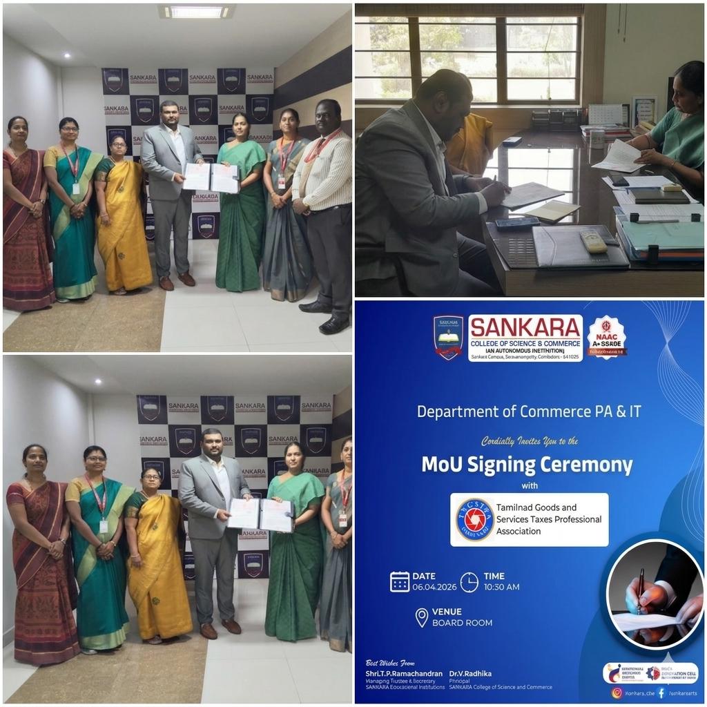 tngstpa's tweet photo. 🤝 MoU Signing Ceremony! 🤝
The Department of Commerce at Sankara College of Science and Commerce, Coimbatore, has officially signed  MoU with TNGSTPA @sankaracbe
@AuditorBasheer #MoU #SankaraCollege #TNGSTPA #GST #ProfessionalAccounting #CareerGrowth #Coimbatore https://t.co/atVj8Rhc36