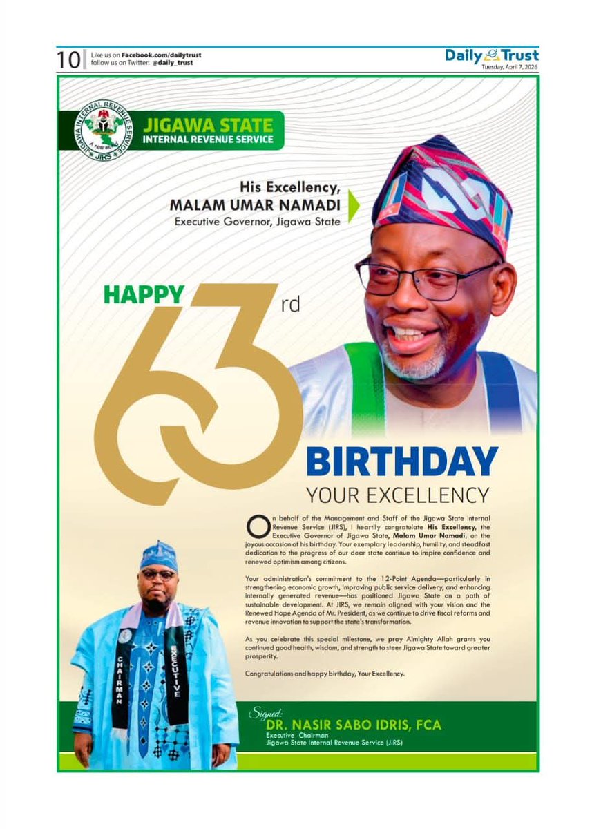 mansur_dutse's tweet photo. Happy 63rd Birthday to His Excellency
​Warmest congratulations to the Executive Governor of Jigawa State on the occasion of his 63rd birthday.
​Today, we celebrate a visionary leader whose commitment to human and capital development continues to transform lives across the state. https://t.co/11ZKPyGA23