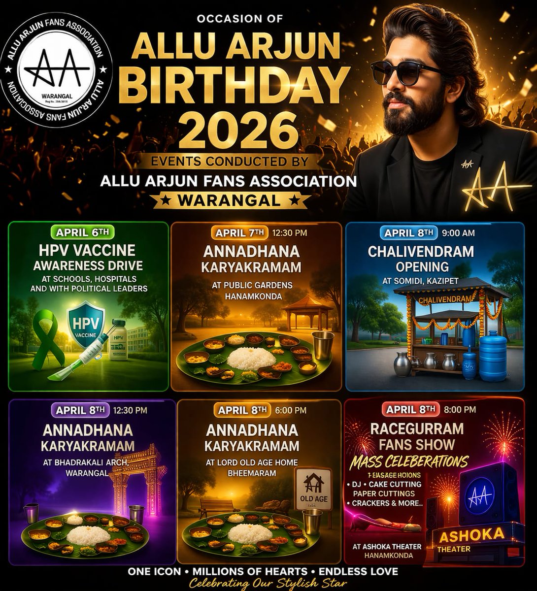 AAFA_Warangal's tweet photo. We @AAFA_Warangal  Celebrating On Occasion of Icon StAAr @alluarjun B'day events 
1. Done HVP awareness drive 
2.Annadhana at public garden hnk
3.Chalivendram opning at somidi kzp 
4.Annadham at 2 verious places at Bhadrakali arch &amp; 6pm at lord oldage home hnk.

@TrendsAlluArjun https://t.co/HlMm73TKjm