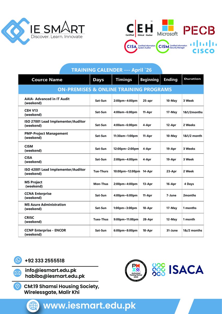 ietechpathins's tweet photo. Level up your IT career this April 2026 🚀
Join our latest certification trainings and stay ahead in tech.
Limited seats – enroll now!
#April2026 #ITTraining #Certifications #CareerGrowth #TechSkills #Microsoft #CyberSecurity #CloudComputing #PMP #Upskill #IETechPath #iesmart https://t.co/oh3UycuUFn