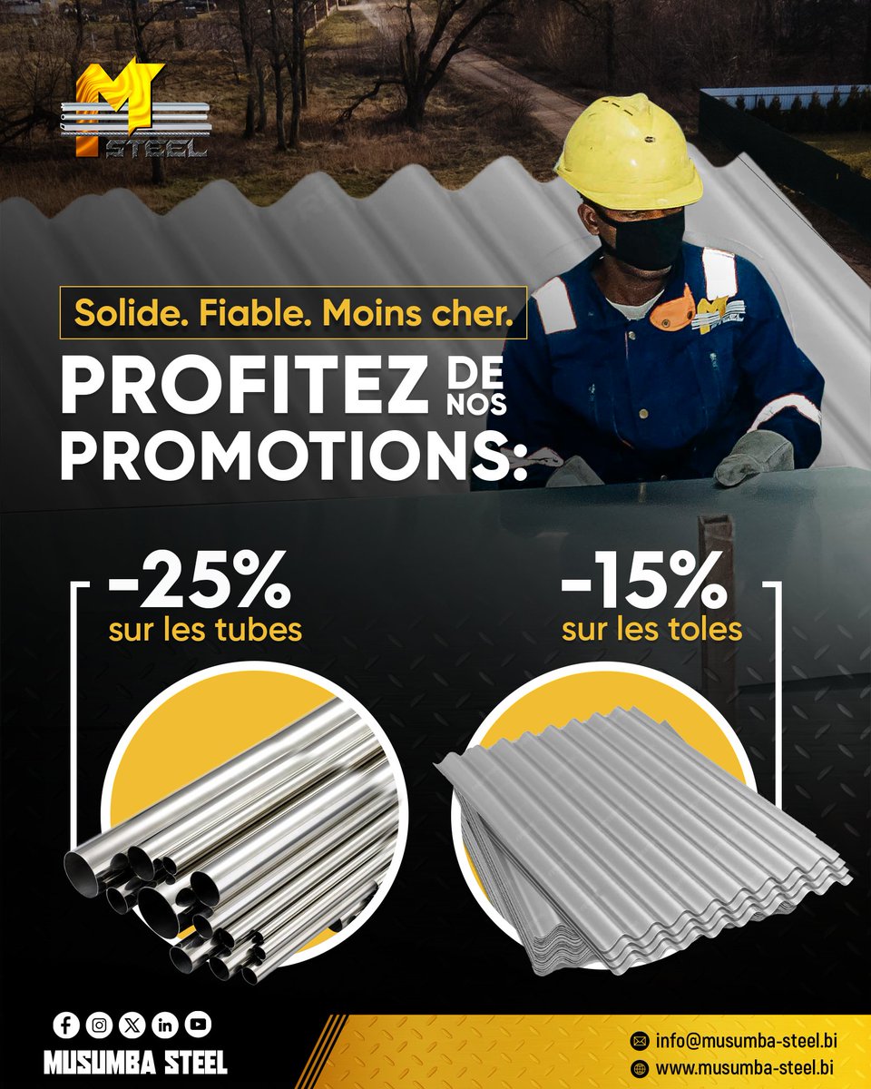 MusumbaSteelCo's tweet photo. Construisez plus, dépensez moins.
Profitez de nos promotions exceptionnelles :
🔸 -25% sur les tubes
🔸 -15% sur les tôles

Qualité solide. Prix imbattables.
Disponible dès maintenant.

#musumbasteel #constructionequipment #tôles #bujumbura #burundi https://t.co/8Kyfgg8sei