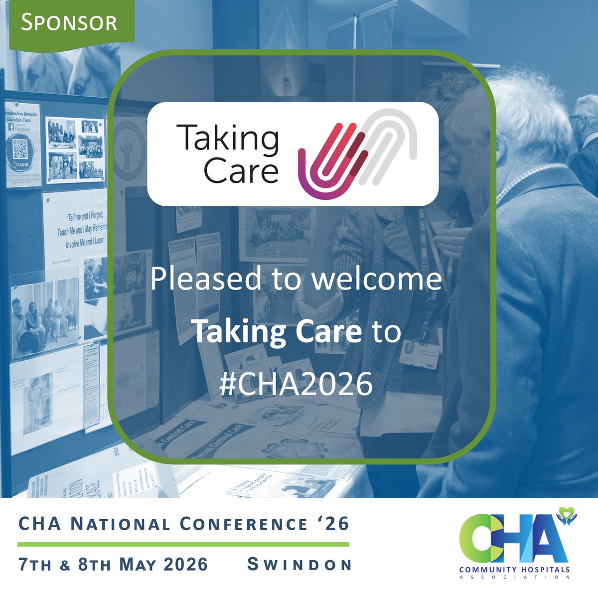 CommHospUK's tweet photo. Welcome @TakingCare as a first-time sponsor of #cha2026, 7&amp;8th May in Swindon. One of the UK's largest personal alarm &amp; monitoring providers, supporting 180,000 ppl for over 35 yrs. 
They'll be introducing Autumn, their personalised wellbeing service. 
👉https://t.co/VzJLumCF77 https://t.co/fqx3EJGzFC