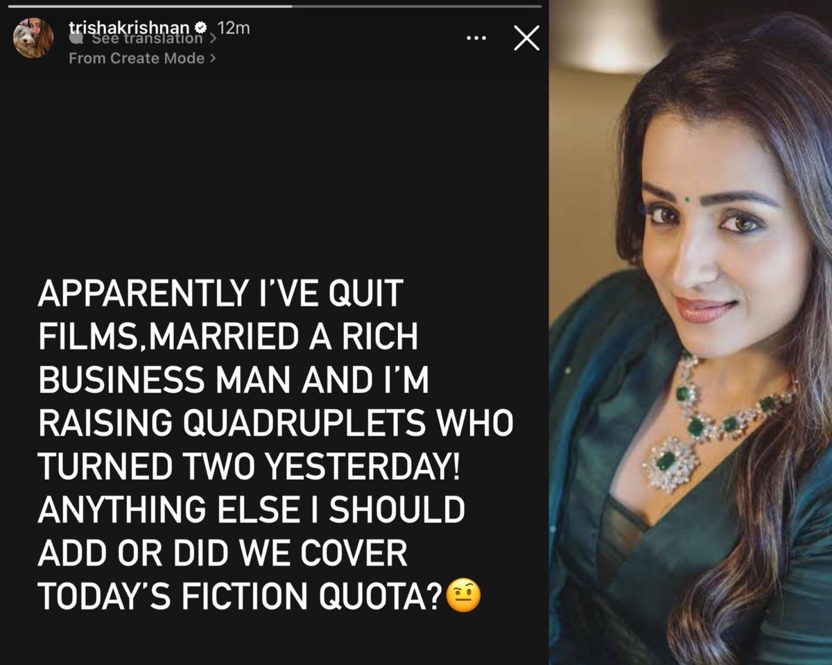 mrgyvcofficial's tweet photo. Trisha Krishnan రూమర్లకు ఒకే ఒక్క స్టేట్మెంట్తో క్లీన్ బౌల్డ్ చేసింది! 👀🔥
“సినిమాలు మానేసా, పెళ్లి అయింది, నలుగురు పిల్లలు కూడా ఉన్నారు అంటారా?” — ఇవన్నీ కథలే గానీ నిజం కాదు 😏
సింపుల్గా చెప్పాలంటే… క్వీన్ ఇంకా గేమ్లోనే ఉంది 💚✨
#TrishaKrishnan #RumorAlert #StillTrending https://t.co/jIbtuUdu1r