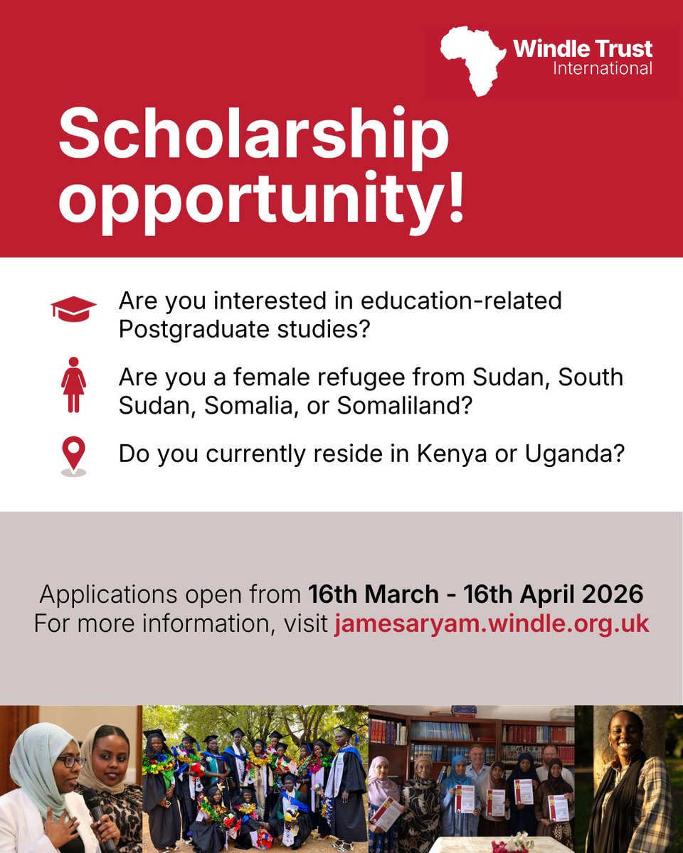 WindleUganda's tweet photo. 🎓 Dreaming of your Master’s degree? This is your chance!

The 2026 #JamesAryamScholarship is NOW OPEN 

For Sudan, South Sudan, Somaliland & Sudanese refugees in Uganda 🇺🇬

Study Public Health, Nutrition or Education

Find the full eligibility criteria and apply via ➡️ https://t.co/ZhrFVOuyc0 and apply.

#Scholarships #StudyOpportunity #Windle

 #EducationForAll