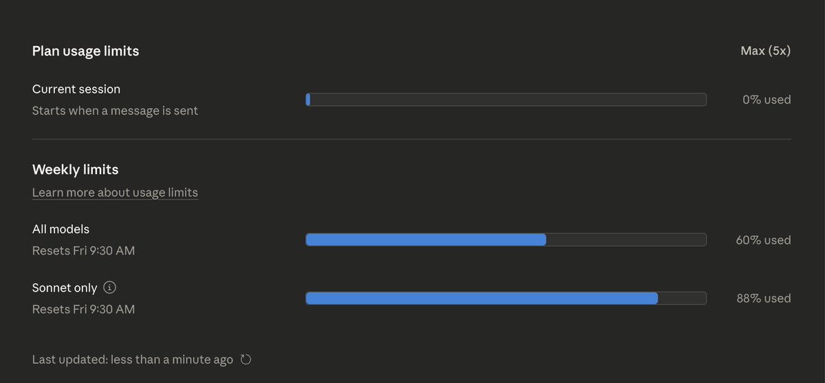 Signed up for pro, hit the limit in literally 2 prompts, then upgraded to max (5x). Current session reset, but weekly limits for All Models and Sonnet didn’t reset at all.

So how does that make sense? What’s the point of upgrading if I still have to wait 4 days until FRI for the