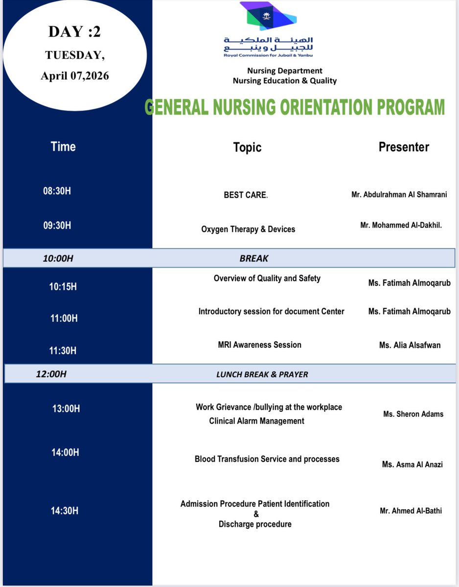 mohd_D91's tweet photo. I was pleased to participate as a speaker in the(General Nursing Orientation), held at the Outpatient Building of the Royal Commission Hospital in Jubail.

We hope that such courses will achieve their intended benefits and contribute positively to professional development.
#Learn https://t.co/NpVczFpZWJ