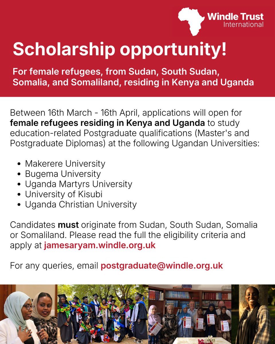 WindleUganda's tweet photo. 🎓 Dreaming of your Master’s degree? This is your chance!

The 2026 #JamesAryamScholarship is NOW OPEN 

For Sudan, South Sudan, Somaliland & Sudanese refugees in Uganda 🇺🇬

Study Public Health, Nutrition or Education

Find the full eligibility criteria and apply via ➡️ https://t.co/ZhrFVOuyc0 and apply.

#Scholarships #StudyOpportunity #Windle

 #EducationForAll