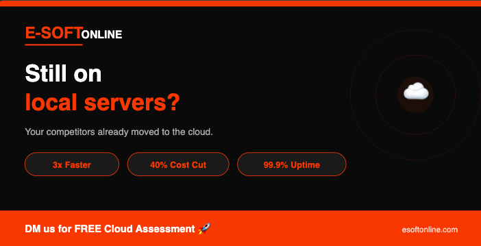 ESoft_Solutions's tweet photo. Still running on local servers in 2025? 😬

Your competitors are already on the cloud — saving costs, scaling fast, and working from anywhere.

Here's what you're missing:
☁️ 3x faster deployment
💰 40% lower IT costs
🔒 99.9% uptime + auto backups

#CloudServices #ITSolutions https://t.co/PVnSC5jTzJ