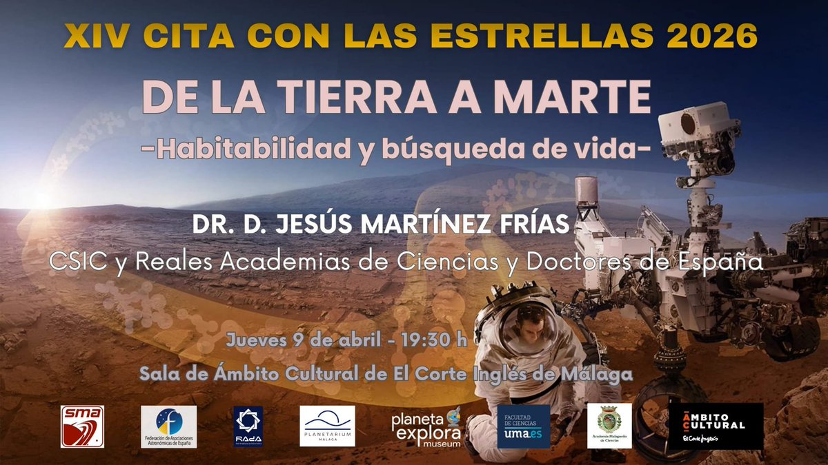 J_MartinezFrias's tweet photo. Pasado mañana, en Málaga. Por si podéis y os apetece. Conferencia y debate posterior. Obviamente, surgirá también el tema de #Artemisa ya que su objetivo estratégico es #Marte. Muchas gracias a @astromalaga por su amable invitación @csic @IGeociencias @RACiencias  #RADE https://t.co/iXEvyYKGWk