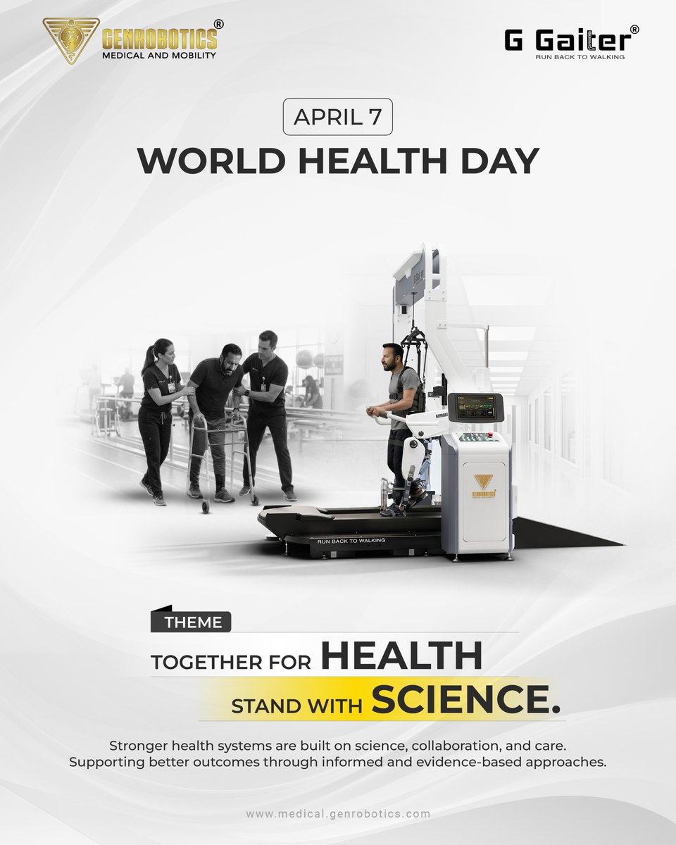 GenroboticsMM's tweet photo. April 7 | World Health Day
G Gaiter supports rehabilitation for people with gait disabilities through advanced robotic gait training, helping improve mobility and strengthen modern rehab.
 https://t.co/K4MMilDNlf
#WorldHealthDay #HealthForAll #NeuroRehab https://t.co/m1Pfacd2YK