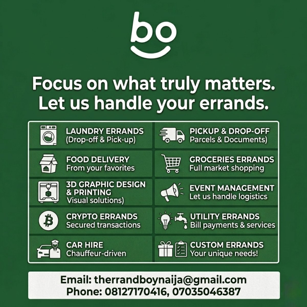 Errandboyn79963's tweet photo. Let's Get back to work today your errands truly matters to us 

Get in Touch now 🤝

therrandboynaija@gmail.com 

#therandboynaija #lagoslogistics #makinglifeeasier https://t.co/krGf3GW3TN