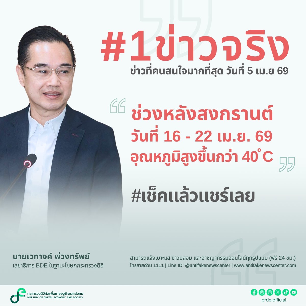 prde_official's tweet image. ดีอี แจงข่าวจริง "วันที่ 16 - 22 เม.ย. 69 อุณหภูมิจะสูงขึ้นกว่า 40 องศา" แนะ ปชช.เตรียมพร้อมรับมือ

อ่านเพิ่มเติม
mdes.go.th/news/detail/10…

#DE
#กระทรวงดิจิทัลเพื่อเศรษฐกิจและสังคม
#ดิจิทัลเพื่อเศรษฐกิจและสังคม
#AFNCThailand
#ศูนย์ต่อต้านข่าวปลอม
#DEเตือนข่าวปลอม
