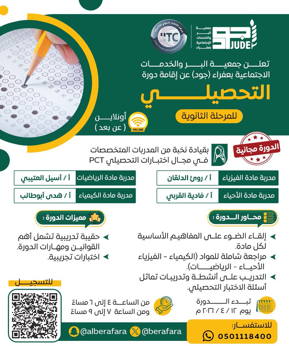 berafara's tweet photo. تُعلن جمعية البر والخدمات الاجتماعية بعفراء (جود)
عن إقامة دورة تحصيلي مميزة (عن بُعد)
لطلاب وطالبات المرحلة الثانوية،
بقيادة نخبة من المدربات المؤهلات ذوات الكفاءة العالية.. https://t.co/4qIibuFgYk