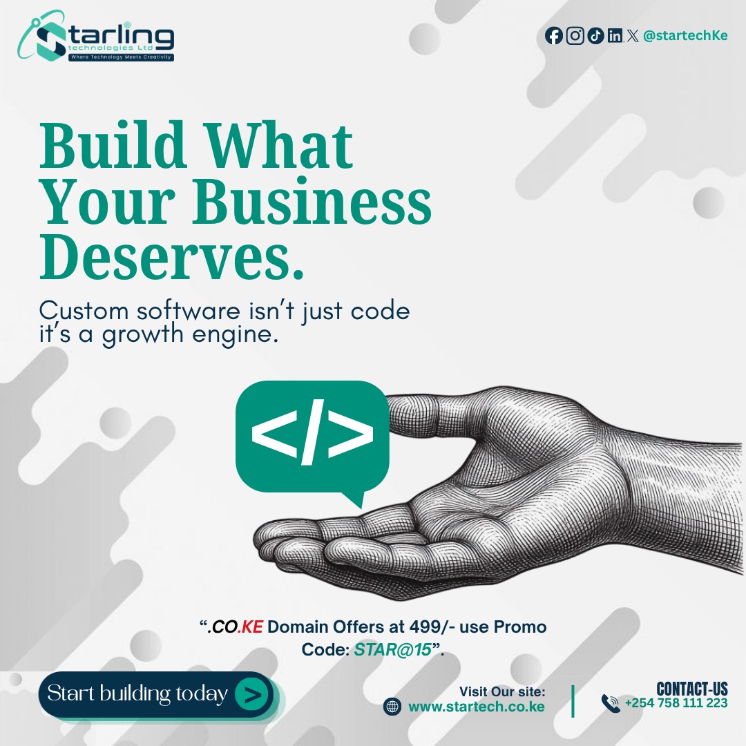 startechKE's tweet image. Your business deserves more than just standard solutions—it deserves a growth engine.
Ready to scale?
💻 startech.co.ke
📞 +254 758 111 223

#CustomSoftware #TechSolutions #BusinessGrowth #StarlingTechnologies #WebDevelopment #KenyaTech