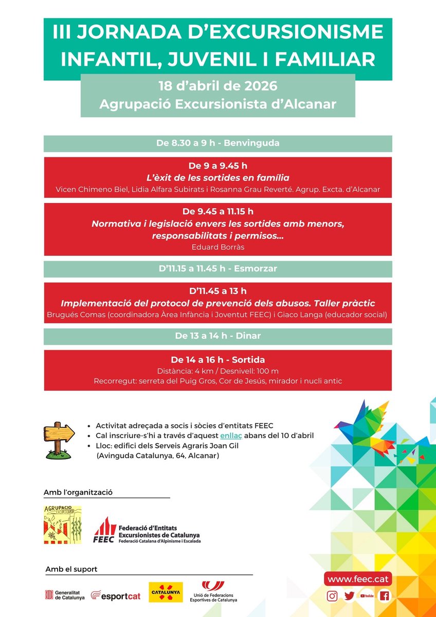 FEEC_cat's tweet photo. ⌛️ Últims dies d'inscripcions obertes per a la III Jornada d'Excursionisme Infantil, Juvenil i Familiar.

🗓️ 18 d'abril
📍 Alcanar

🔗https://t.co/jNWgydbfiG

#sentlamuntanya #sommuntanya https://t.co/6tIjHxVSDx