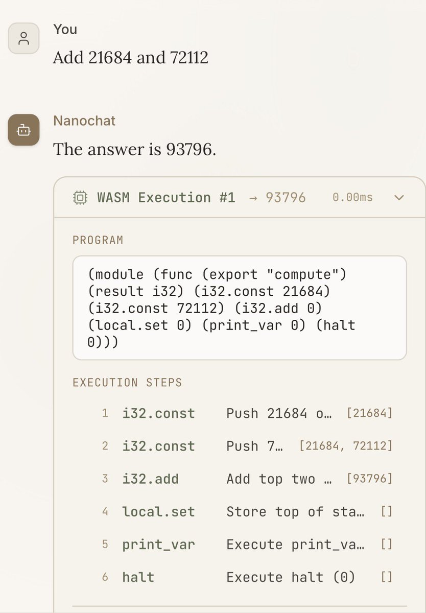 EastlondonDev's tweet photo. Chat, my nanochat (left) with its onboard wasm-interpreter is now clearly exceeding @karpathy’s nanochat (right) on a range of computation tasks. The wasm interpreter plus cross attention only adds about 300 million params, a marginal increase in params for a big boost!

You could call it tool use but it’s a single transformer that can both predict the next token and is a functioning wasm machine, there is no external tool.